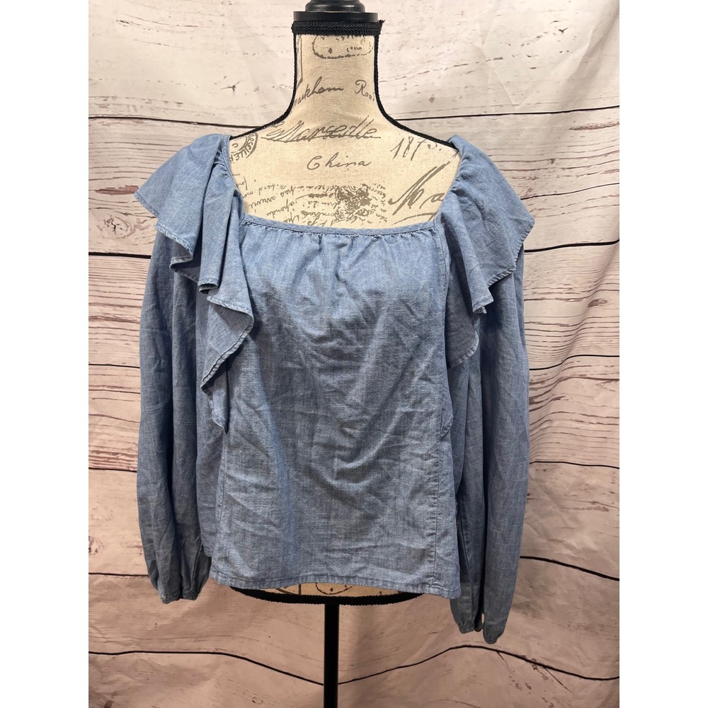 J.Crew Re-Imagined Blue Chambray Ruffle Square Neck Blouse BK626 Womens Lg NWT